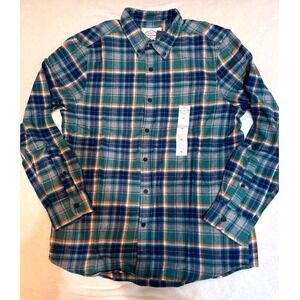 St Johns Bay Mens Medium Flannel Shirt Galagapos Plaid Teal Orange Cotton NEW